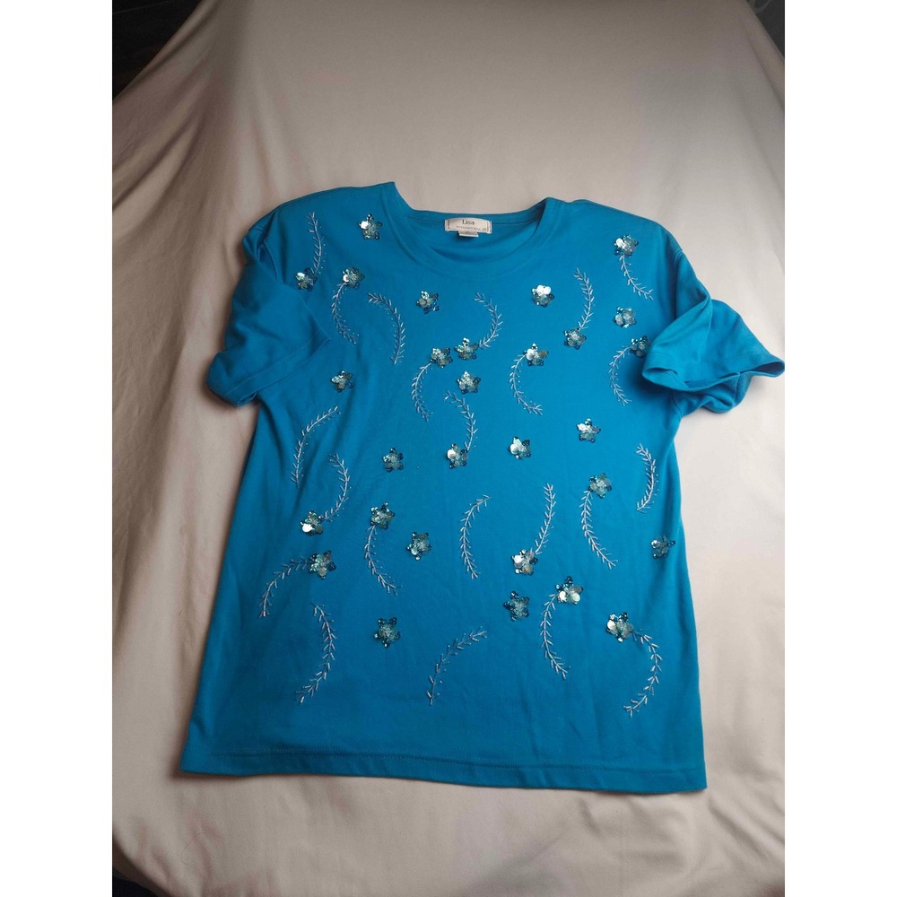 Lisa International Turquoise Blue Sequin Embroidered Floral T-Shirt Vintage L